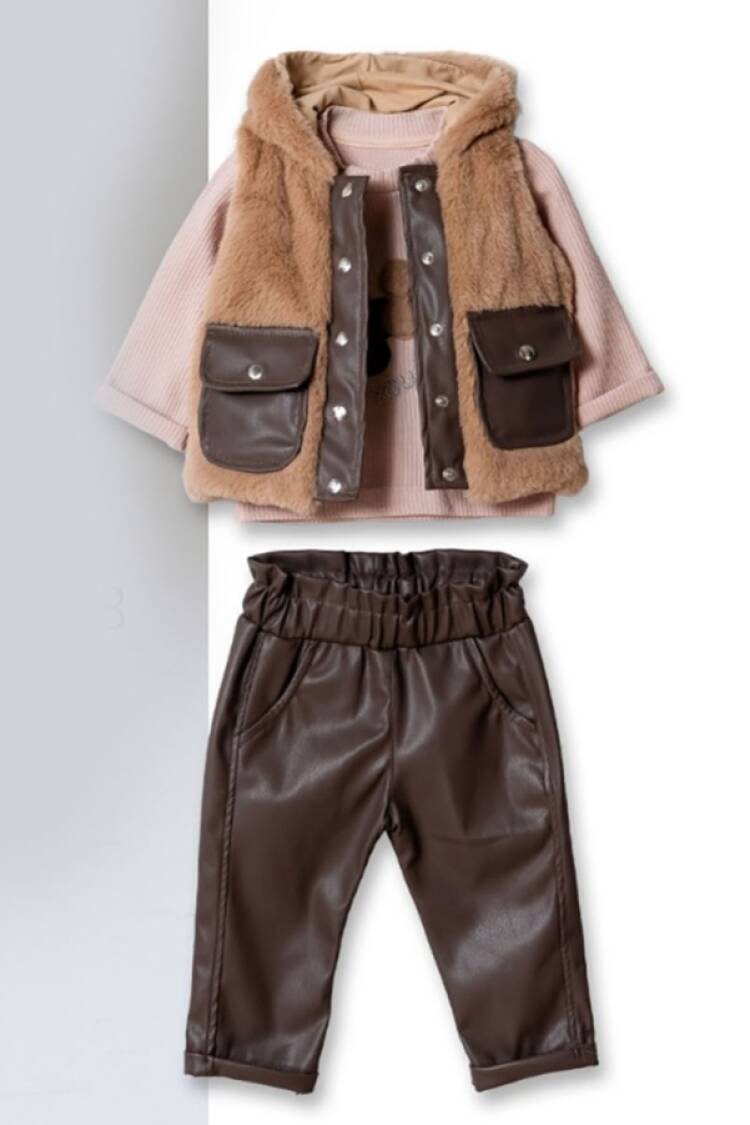 Baby Sets - B1 - Cepli Peluş Yelekli Üçlü Kız Bebe Takım 3 İp Şardon - Brand: HİPPIL - Women & Kids, Baby Clothes Wholesale - Globality Store