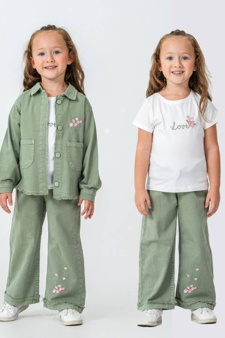 Girls' Suits - B1 - Çiçek Baskılı Keten Kız Takım - Brand: PAMPAL KİDS - Women & Kids, Baby Clothes Wholesale - Globality Store