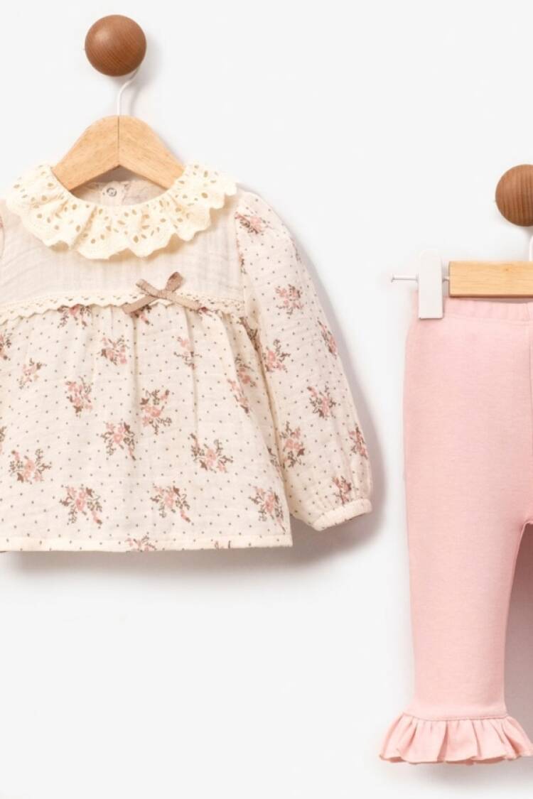 Baby Sets - B1 - Çiçek Desenli Dantel Yaka Müslin Kız Bebe Takım - Brand: CAYZEN - Women & Kids, Baby Clothes Wholesale - Globality Store
