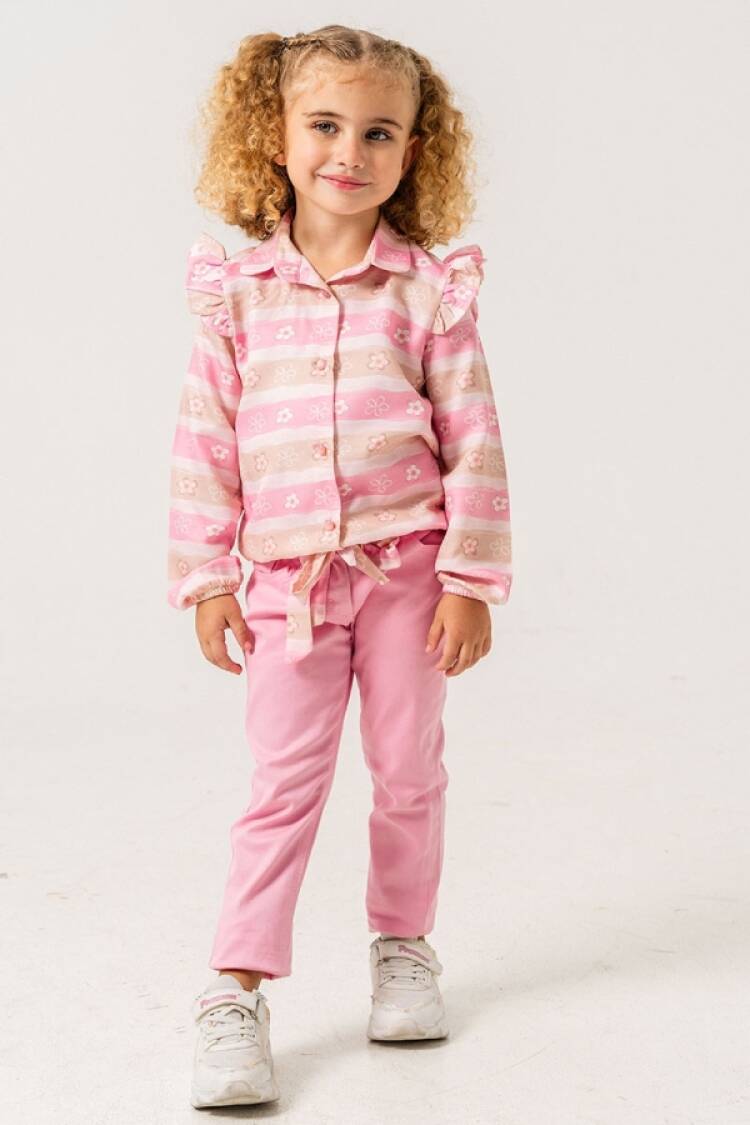 Girls' Suits - B1 - Çiçek Desenli Omzu Fırfırlı Dijital Kumaş Kız Takım - Brand: PAMPAL KİDS - Women & Kids, Baby Clothes Wholesale - Globality Store