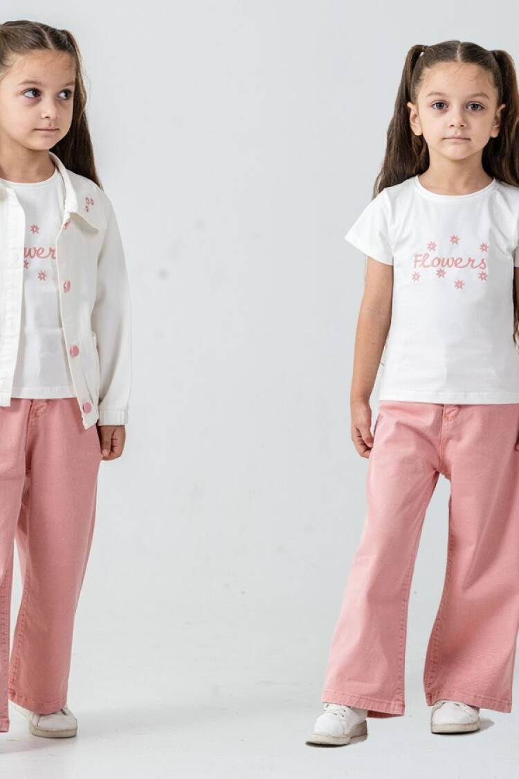 Girls' Suits - B1 - Çiçek Detaylı Kız Keten Takım - Brand: PAMPAL KİDS - Women & Kids, Baby Clothes Wholesale - Globality Store