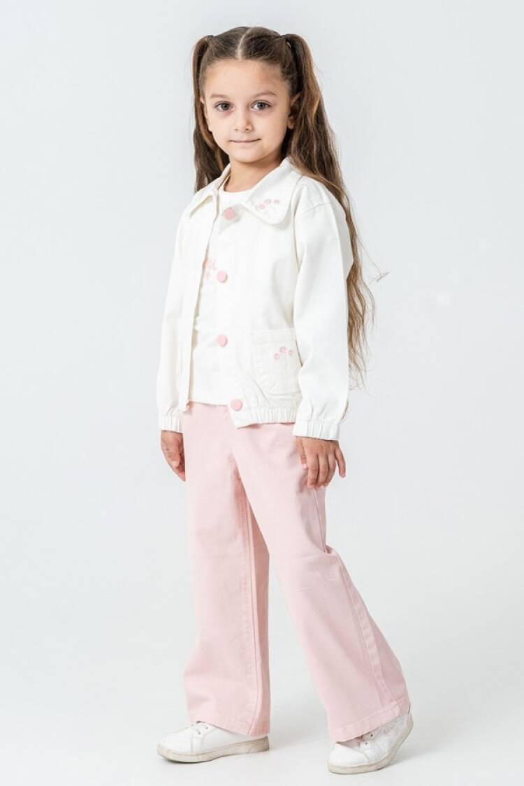 Girls' Suits - B1 - Çiçek Detaylı Kız Keten Takım - Brand: PAMPAL KİDS - Women & Kids, Baby Clothes Wholesale - Globality Store