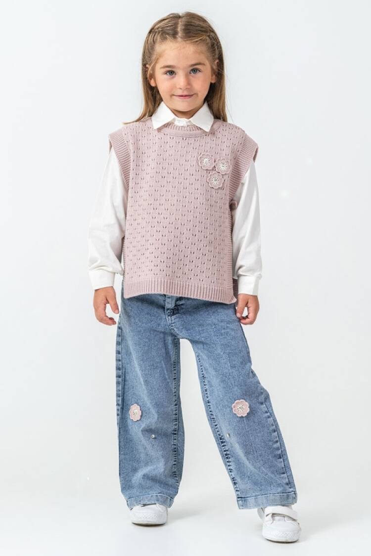 Girls' Suits - B1 - Çiçek Detaylı Kız Triko Takım - Brand: PAMPAL KİDS - Women & Kids, Baby Clothes Wholesale - Globality Store