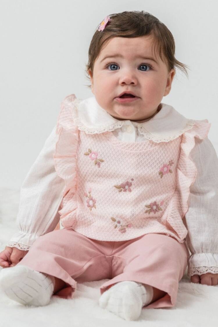 Baby Sets - B1 - Çiçek Nakışlı Dantel Yaka Üçlü Kız Bebe Takım - Brand: KUMRU - Women & Kids, Baby Clothes Wholesale - Globality Store