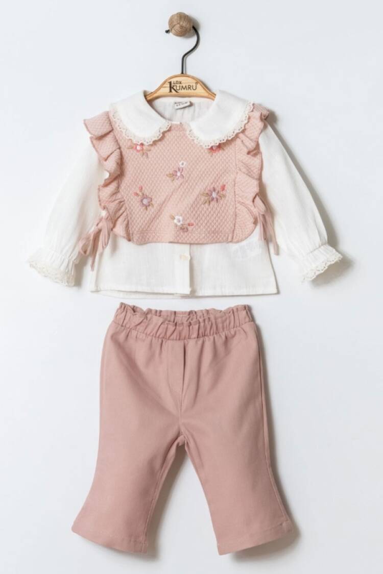 Baby Sets - B1 - Çiçek Nakışlı Dantel Yaka Üçlü Kız Bebe Takım - Brand: KUMRU - Women & Kids, Baby Clothes Wholesale - Globality Store