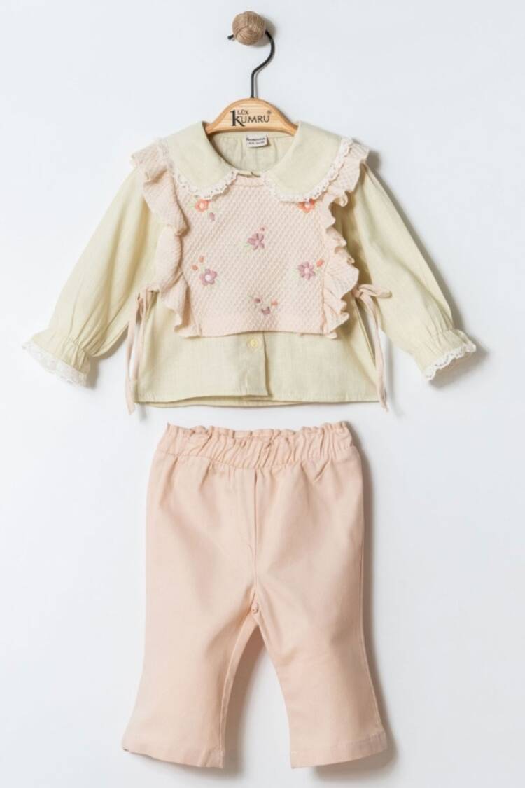 Baby Sets - B1 - Çiçek Nakışlı Dantel Yaka Üçlü Kız Bebe Takım - Brand: KUMRU - Women & Kids, Baby Clothes Wholesale - Globality Store