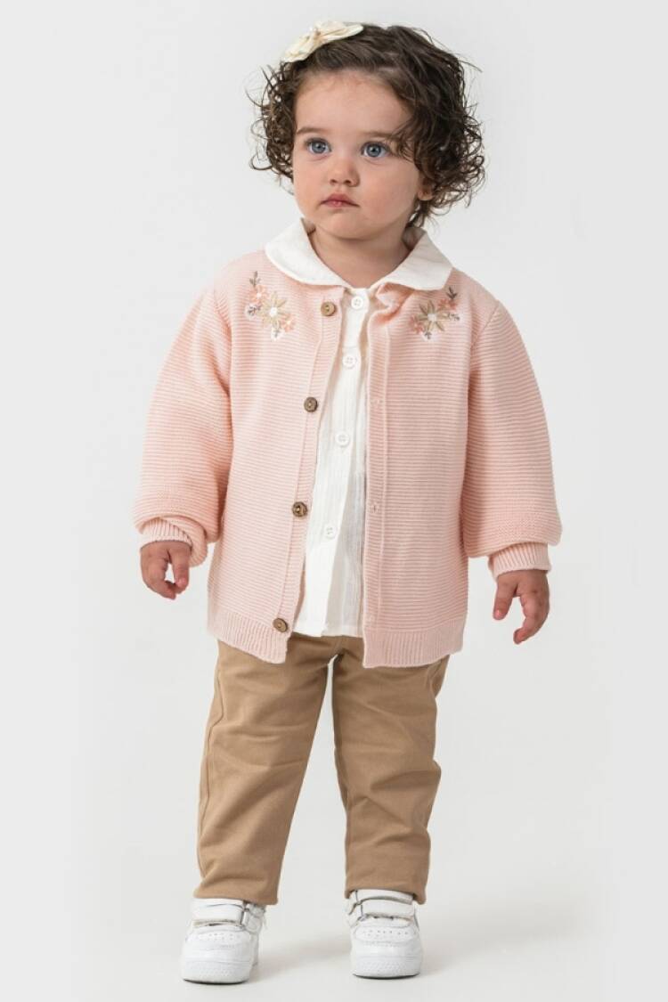 Girls' Suits - B1 - Çiçek Nakışlı Hırkalı Üçlü Kız Takım - Brand: HİPPIL - Women & Kids, Baby Clothes Wholesale - Globality Store
