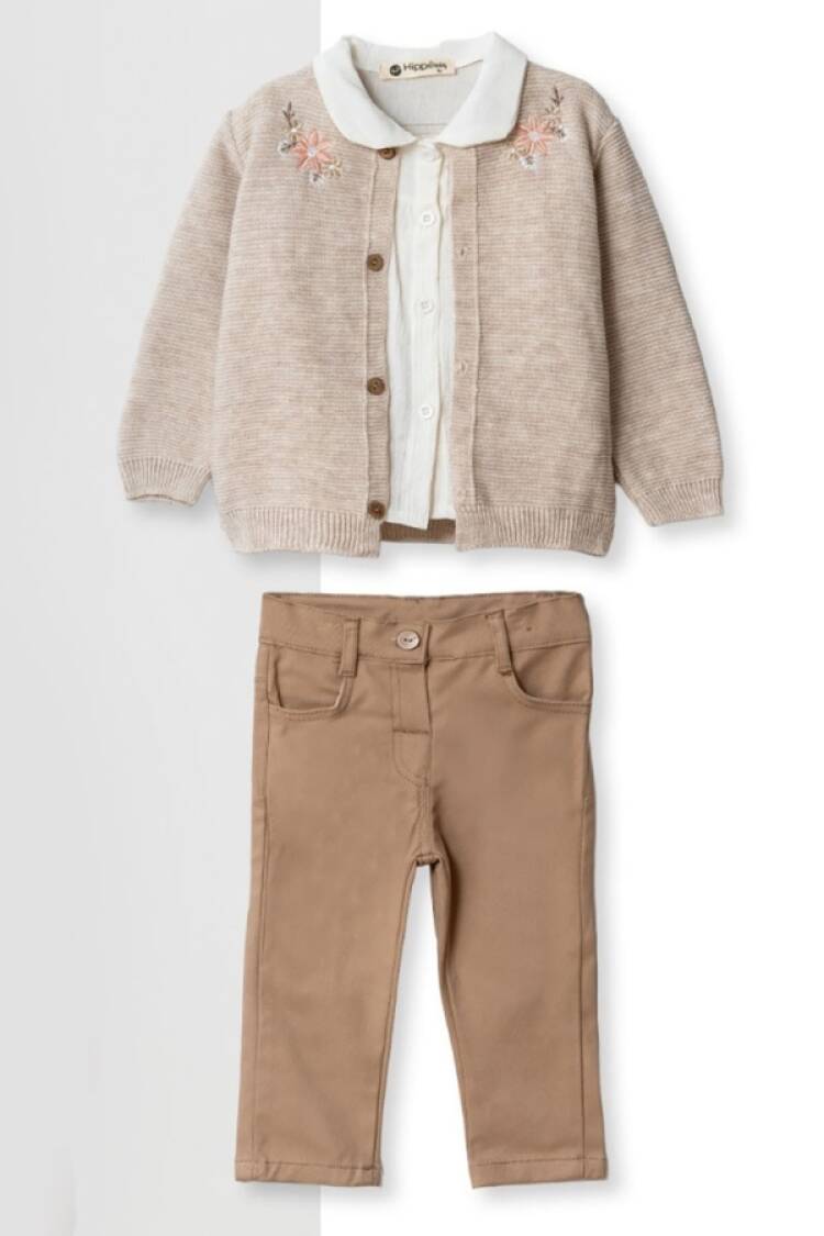 Girls' Suits - B1 - Çiçek Nakışlı Hırkalı Üçlü Kız Takım - Brand: HİPPIL - Women & Kids, Baby Clothes Wholesale - Globality Store