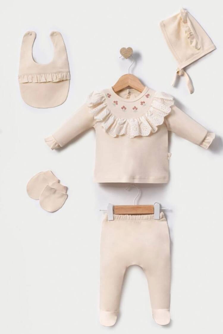Baby Sets - B1 - Çiçek Nakışlı Kız Bebe 5 Li Set - Brand: CAYZEN - Women & Kids, Baby Clothes Wholesale - Globality Store