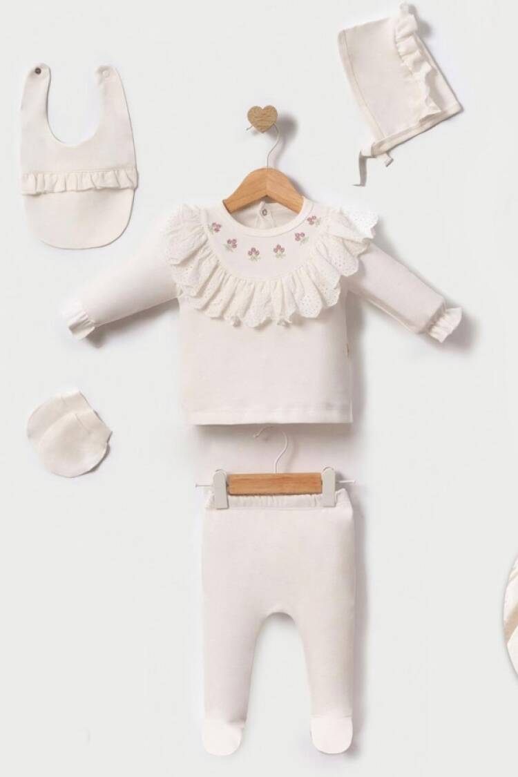 Baby Sets - B1 - Çiçek Nakışlı Kız Bebe 5 Li Set - Brand: CAYZEN - Women & Kids, Baby Clothes Wholesale - Globality Store
