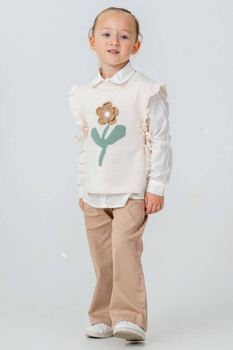 Girls' Suits - B1 - Çiçek Nakışlı Triko Süveterli Üçlü Kız Takım - Brand: PAMPAL KİDS - Women & Kids, Baby Clothes Wholesale - Globality Store