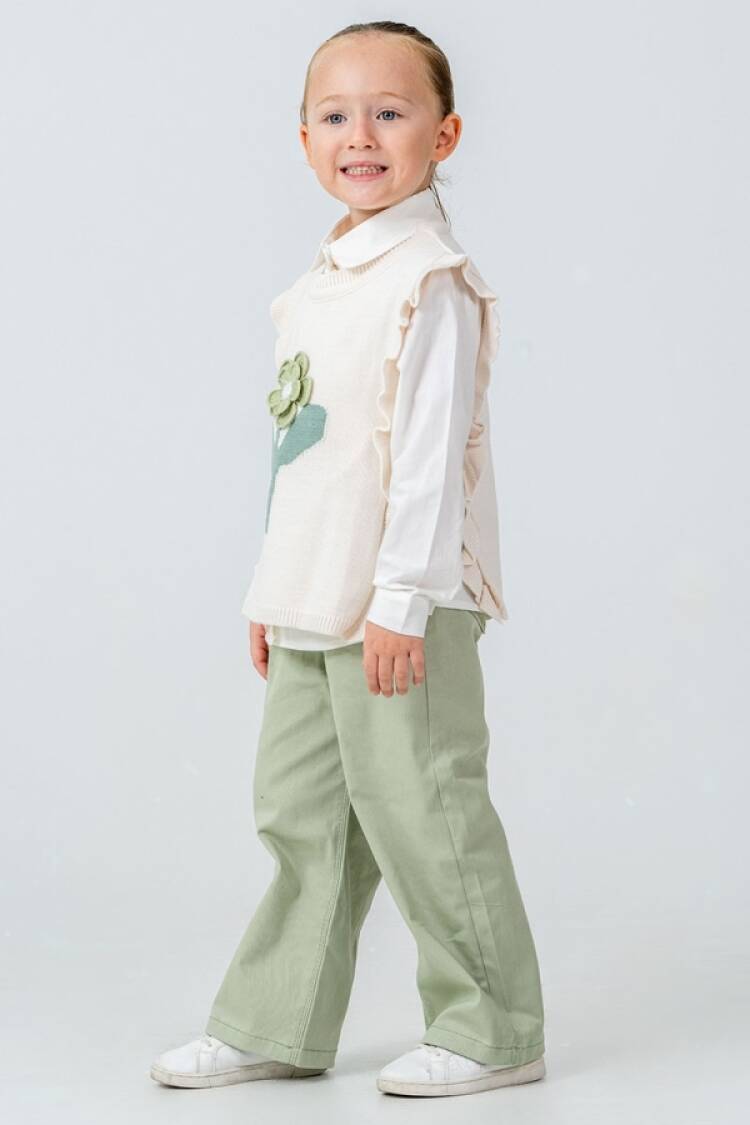 Girls' Suits - B1 - Çiçek Nakışlı Triko Süveterli Üçlü Kız Takım - Brand: PAMPAL KİDS - Women & Kids, Baby Clothes Wholesale - Globality Store