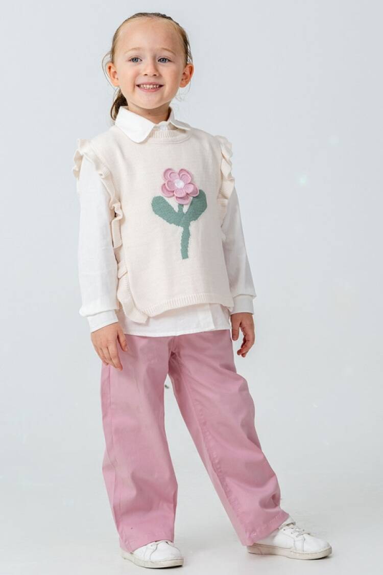 Girls' Suits - B1 - Çiçek Nakışlı Triko Süveterli Üçlü Kız Takım - Brand: PAMPAL KİDS - Women & Kids, Baby Clothes Wholesale - Globality Store