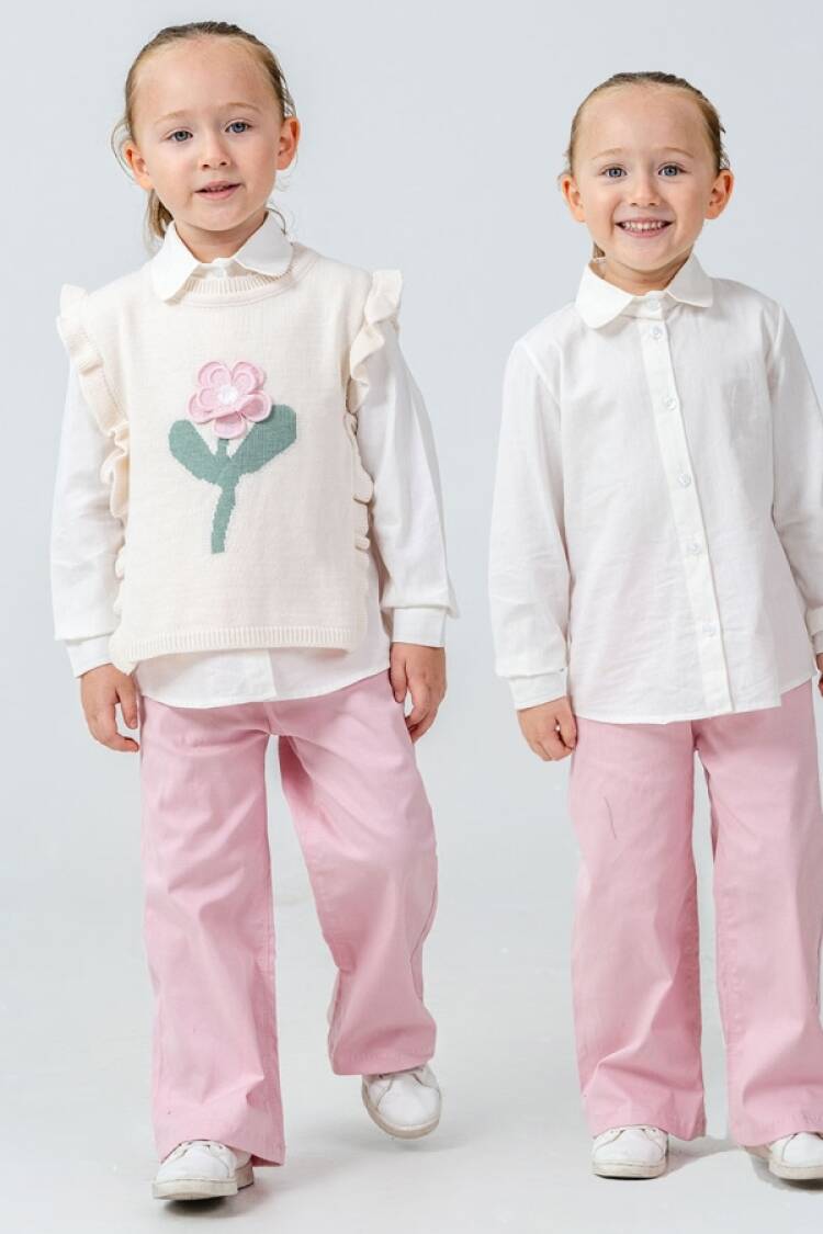 Girls' Suits - B1 - Çiçek Nakışlı Triko Süveterli Üçlü Kız Takım - Brand: PAMPAL KİDS - Women & Kids, Baby Clothes Wholesale - Globality Store
