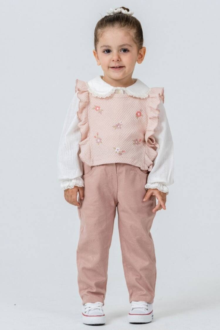 Girls' Suits - B1 - Çiçek Nakışlı Üçlü Kız Takım - Brand: KUMRU - Women & Kids, Baby Clothes Wholesale - Globality Store