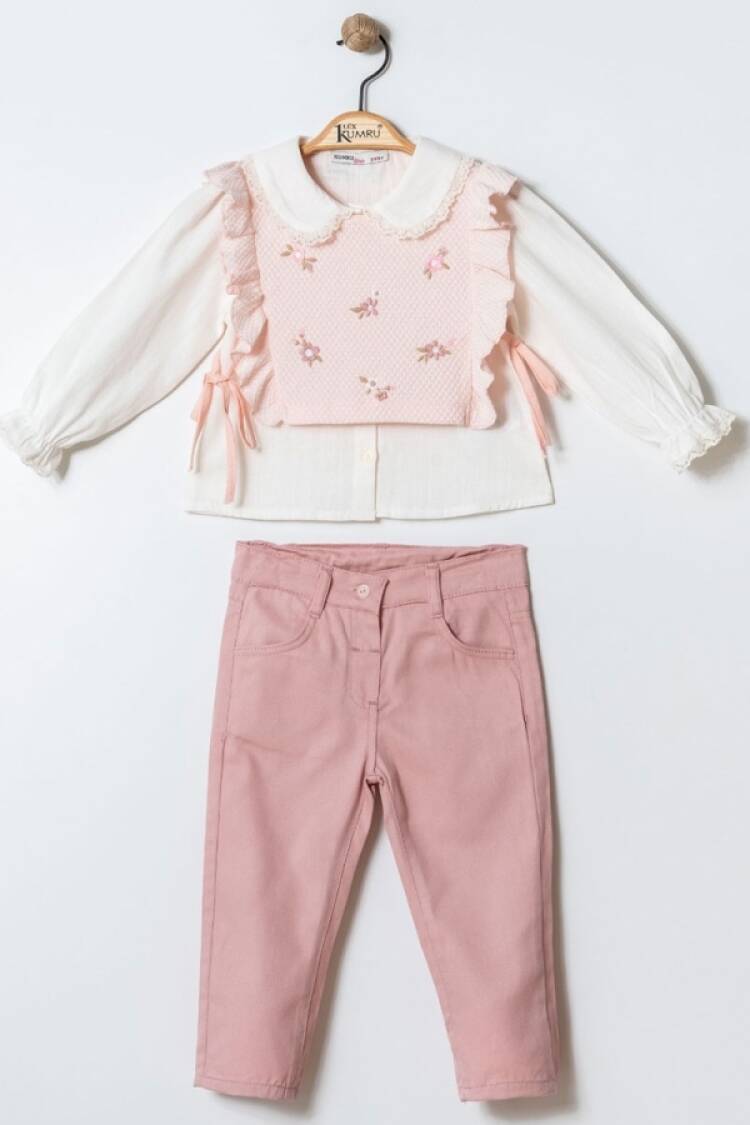 Girls' Suits - B1 - Çiçek Nakışlı Üçlü Kız Takım - Brand: KUMRU - Women & Kids, Baby Clothes Wholesale - Globality Store