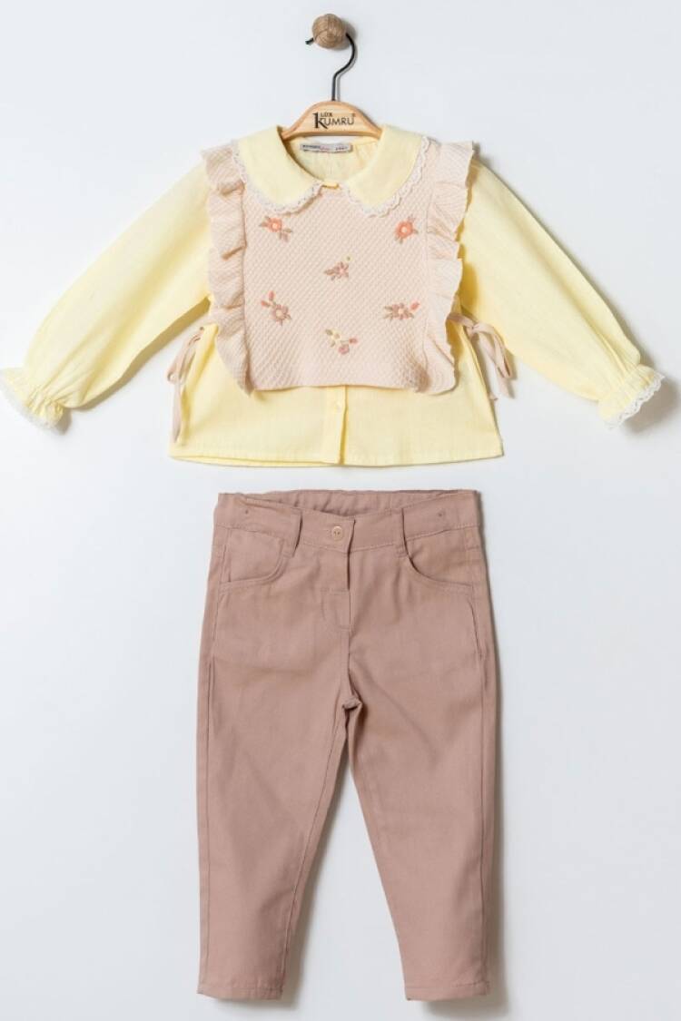 Girls' Suits - B1 - Çiçek Nakışlı Üçlü Kız Takım - Brand: KUMRU - Women & Kids, Baby Clothes Wholesale - Globality Store