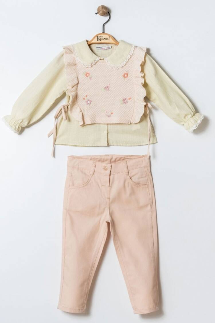 Girls' Suits - B1 - Çiçek Nakışlı Üçlü Kız Takım - Brand: KUMRU - Women & Kids, Baby Clothes Wholesale - Globality Store