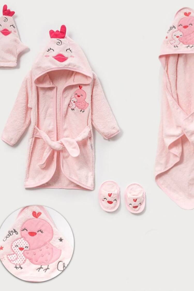 Newborn - B1 - Civciv Nakışlı 4lü Kız Bornoz Set - Brand: BABY ZUHU - Women & Kids, Baby Clothes Wholesale - Globality Store