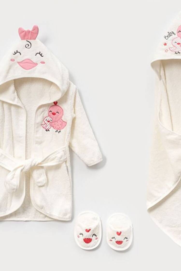 Newborn - B1 - Civciv Nakışlı 4lü Kız Bornoz Set - Brand: BABY ZUHU - Women & Kids, Baby Clothes Wholesale - Globality Store