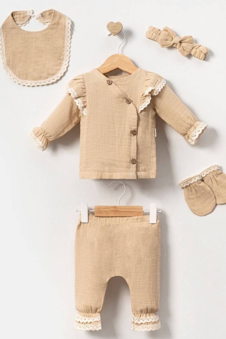 Newborn - B1 - Dantel Detaylı 5li Kız Yenidoğan Müslin Zıbın Seti - Brand: CAYZEN - Women & Kids, Baby Clothes Wholesale - Globality Store