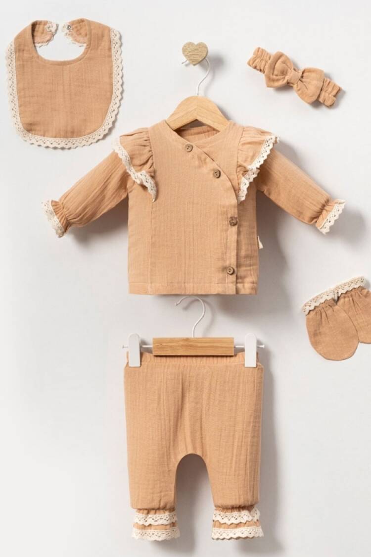 Newborn - B1 - Dantel Detaylı 5li Kız Yenidoğan Müslin Zıbın Seti - Brand: CAYZEN - Women & Kids, Baby Clothes Wholesale - Globality Store