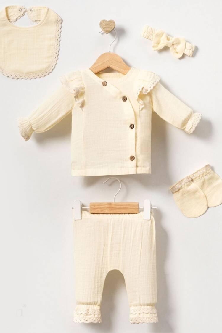Newborn - B1 - Dantel Detaylı 5li Kız Yenidoğan Müslin Zıbın Seti - Brand: CAYZEN - Women & Kids, Baby Clothes Wholesale - Globality Store
