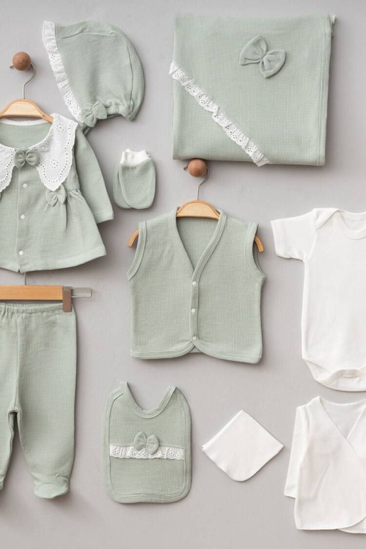 Newborn - B1 - Dantel Detaylı Bebe Kız 10lü Hastane Çıkışı Set - Brand: ZIPIR - Women & Kids, Baby Clothes Wholesale - Globality Store