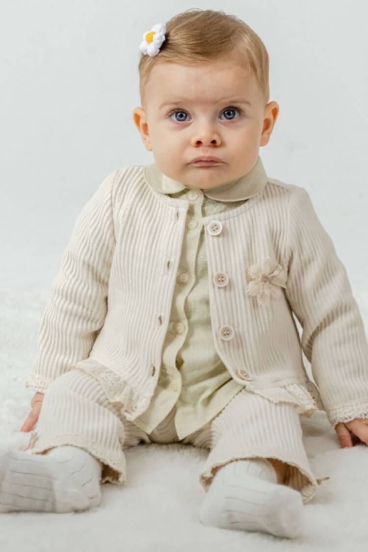 Baby Sets - B1 - Dantel Detaylı Hırkalı Üçlü Kız Bebe takım - Brand: KUMRU - Women & Kids, Baby Clothes Wholesale - Globality Store