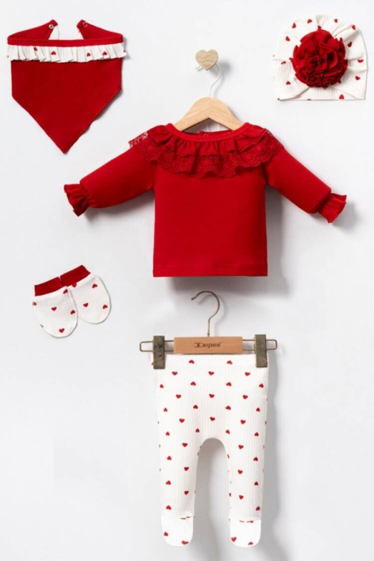 Newborn - B1 - Dantel Yaka Kalp Desenli 5li Kız Hastane Çıkışı Zıbın Set - Brand: CAYZEN - Women & Kids, Baby Clothes Wholesale - Globality Store