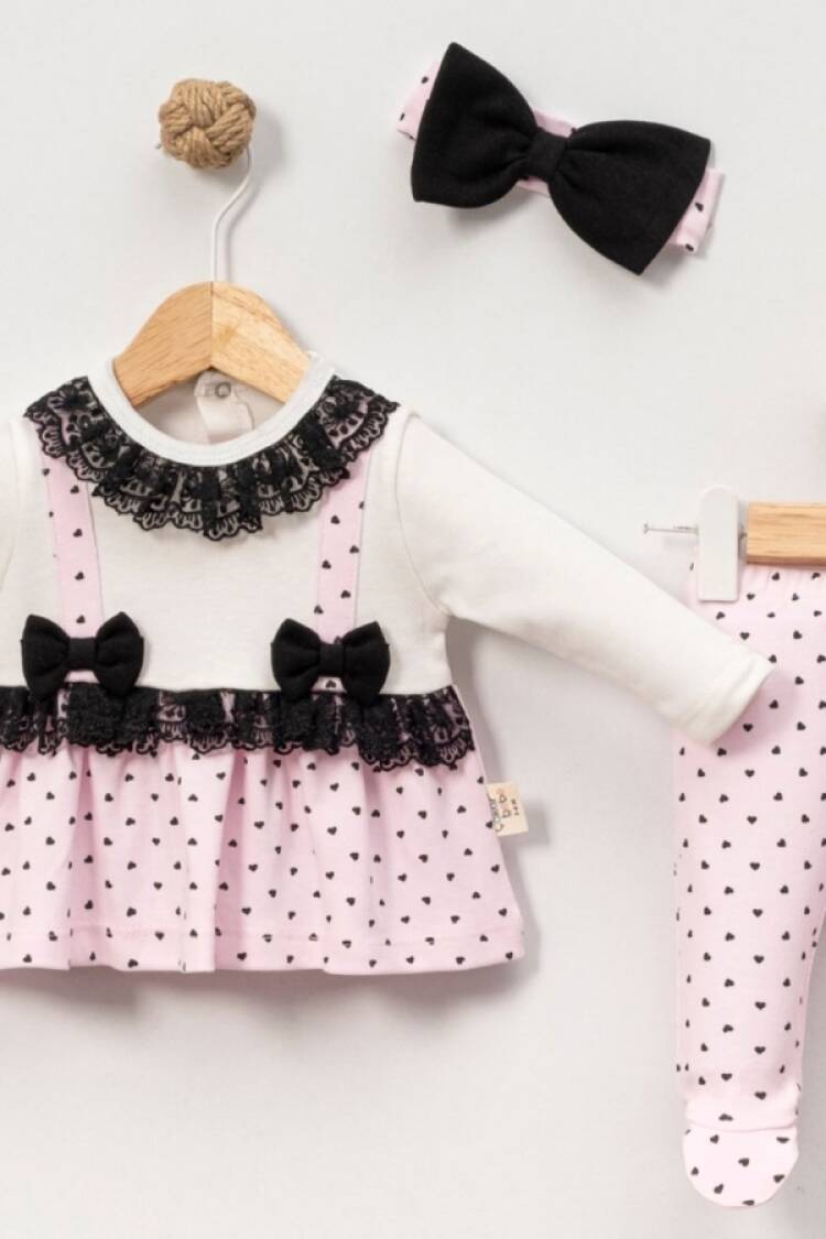 Newborn - B1 - Dantel Yaka Kalp Desenli Kız Bebe Takım - Brand: CAYZEN - Women & Kids, Baby Clothes Wholesale - Globality Store