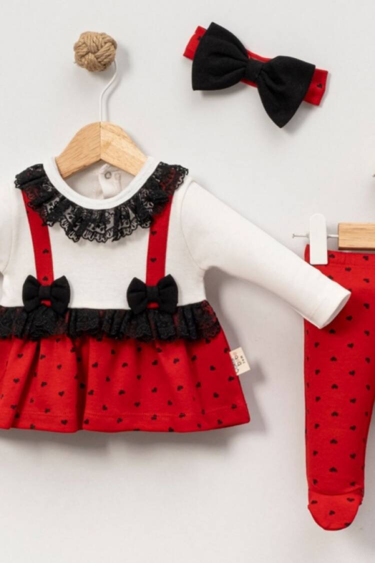 Newborn - B1 - Dantel Yaka Kalp Desenli Kız Bebe Takım - Brand: CAYZEN - Women & Kids, Baby Clothes Wholesale - Globality Store