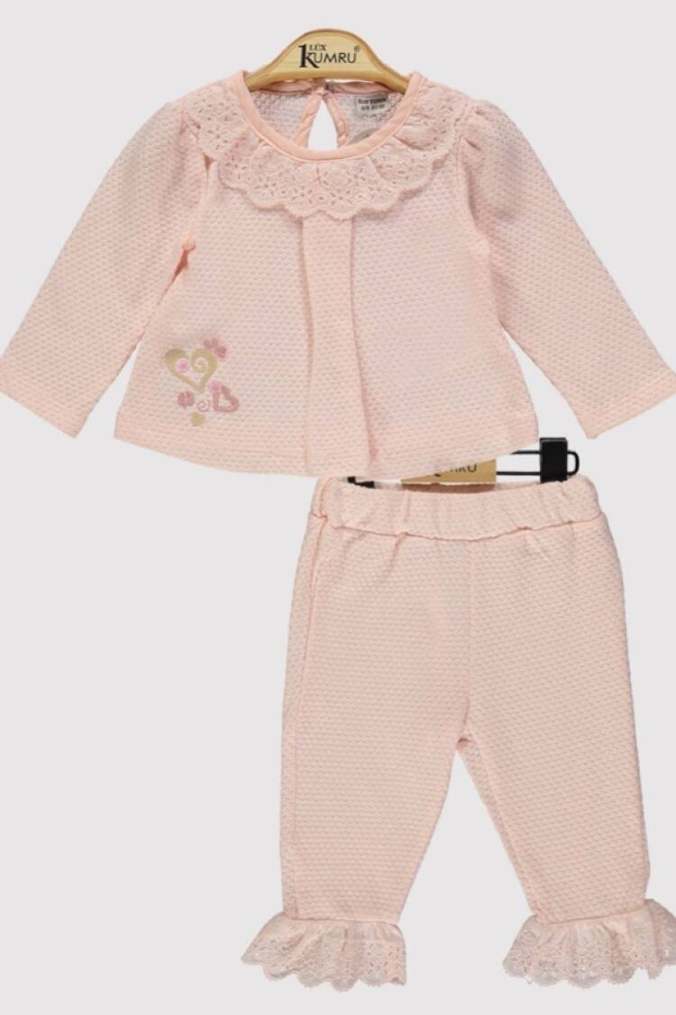 Baby Sets - B1 - Dantel Yaka Kalp Nakışlı Kız Bebe Takım - Brand: KUMRU - Women & Kids, Baby Clothes Wholesale - Globality Store