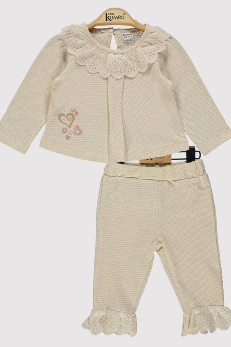 Baby Sets - B1 - Dantel Yaka Kalp Nakışlı Kız Bebe Takım - Brand: KUMRU - Women & Kids, Baby Clothes Wholesale - Globality Store