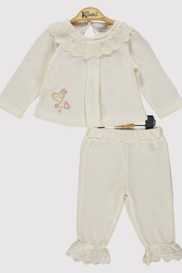 Baby Sets - B1 - Dantel Yaka Kalp Nakışlı Kız Bebe Takım - Brand: KUMRU - Women & Kids, Baby Clothes Wholesale - Globality Store