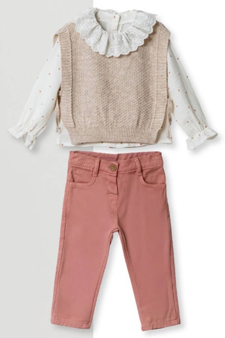 Girls' Suits - B1 - Dantel Yaka Triko Süveterli Üçlü Kız Takım - Brand: HİPPIL - Women & Kids, Baby Clothes Wholesale - Globality Store