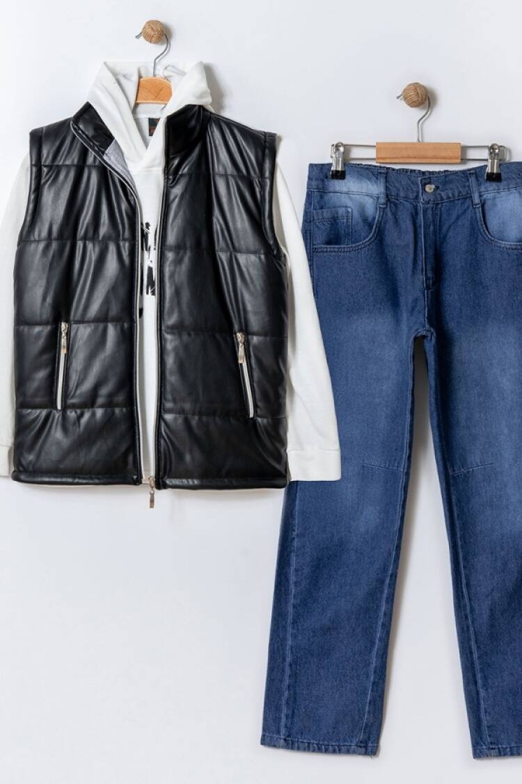 Boys' Sets - B1 - Deri Yelekli Üçlü Erkek Takım - Brand: BARKOD - Women & Kids, Baby Clothes Wholesale - Globality Store