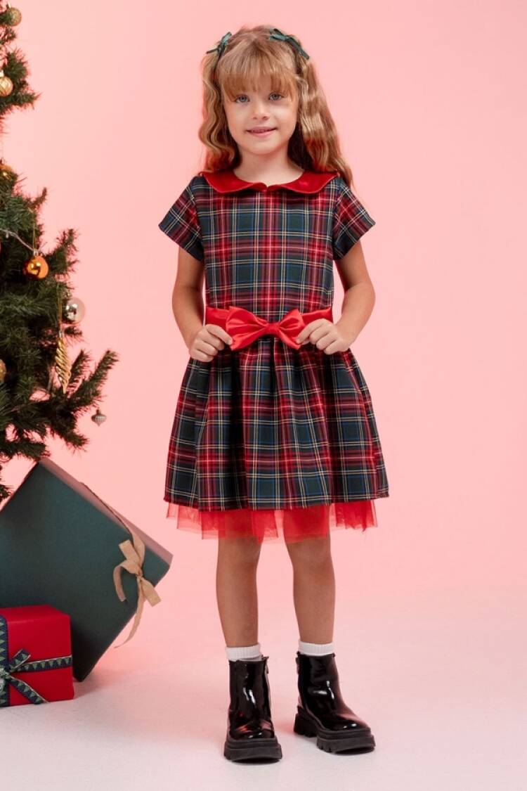 Girl's Dress - B1 - Ekose Desenli Fiyonk Detaylı Noel Yılbaşı Elbise - Brand: LYRA KİDS - Women & Kids, Baby Clothes Wholesale - Globality Store