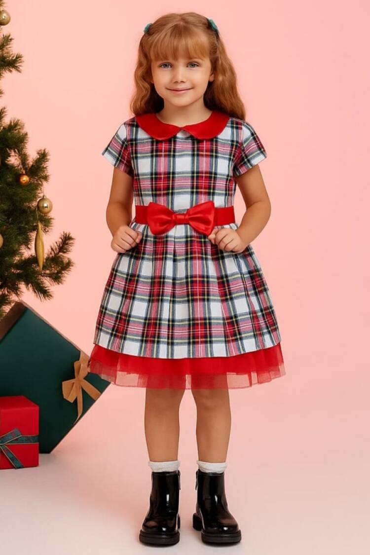Girl's Dress - B1 - Ekose Desenli Fiyonk Detaylı Noel Yılbaşı Elbise - Brand: LYRA KİDS - Women & Kids, Baby Clothes Wholesale - Globality Store