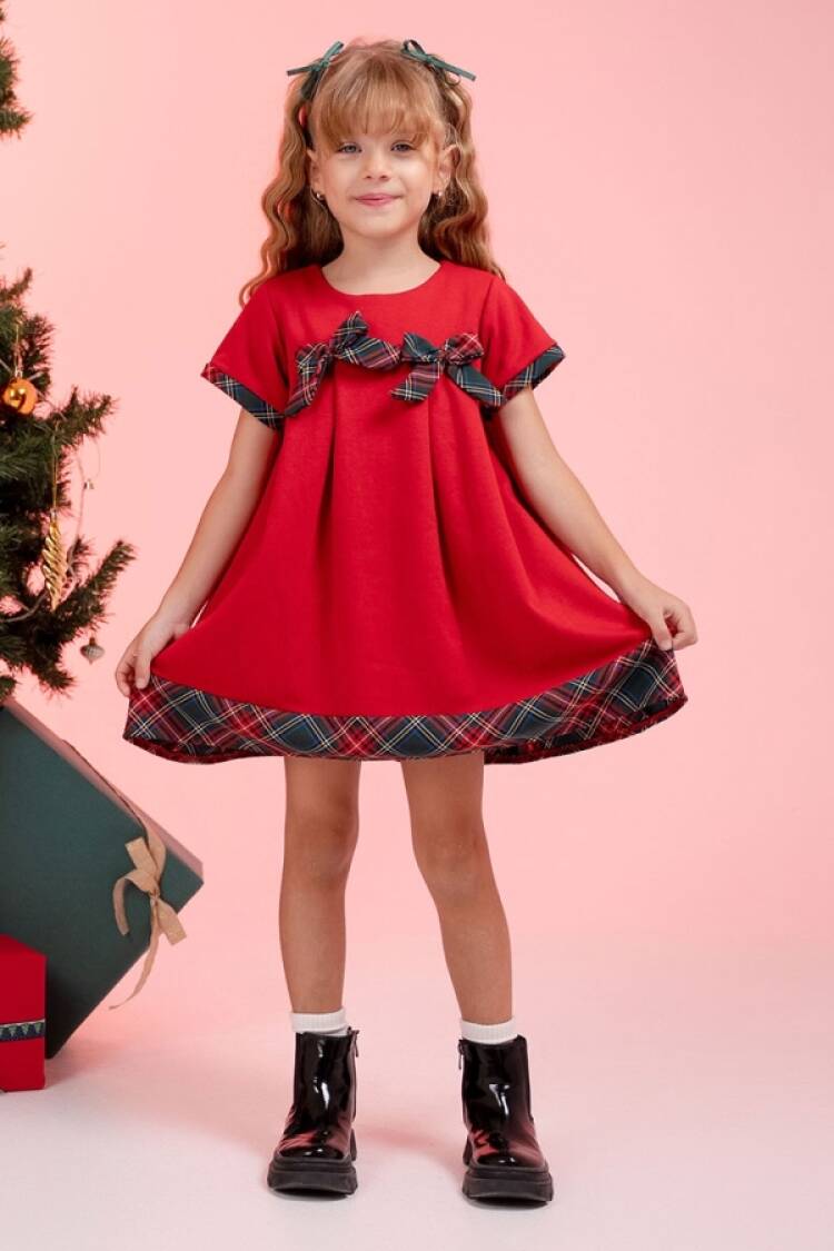 Girl's Dress - B1 - Ekose Desenli Fiyonk Detaylı Noel Yılbaşı Elbise - Brand: LYRA KİDS - Women & Kids, Baby Clothes Wholesale - Globality Store