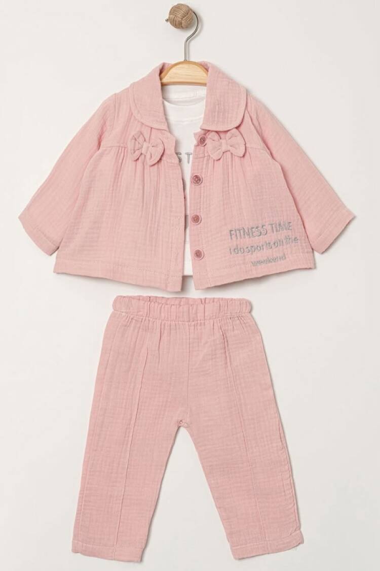 Baby Sets - B1 - Fiyonk Detaylı Ceketli Üçlü Kız Bebe Takım - Brand: ELCİ BABY - Women & Kids, Baby Clothes Wholesale - Globality Store