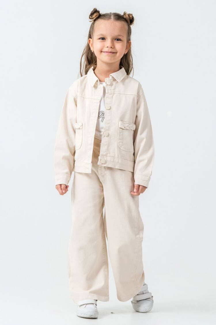 Girls' Suits - B1 - Happy Baskılı Düğmeli Keten Kız Takım - Brand: PAMPAL KİDS - Women & Kids, Baby Clothes Wholesale - Globality Store