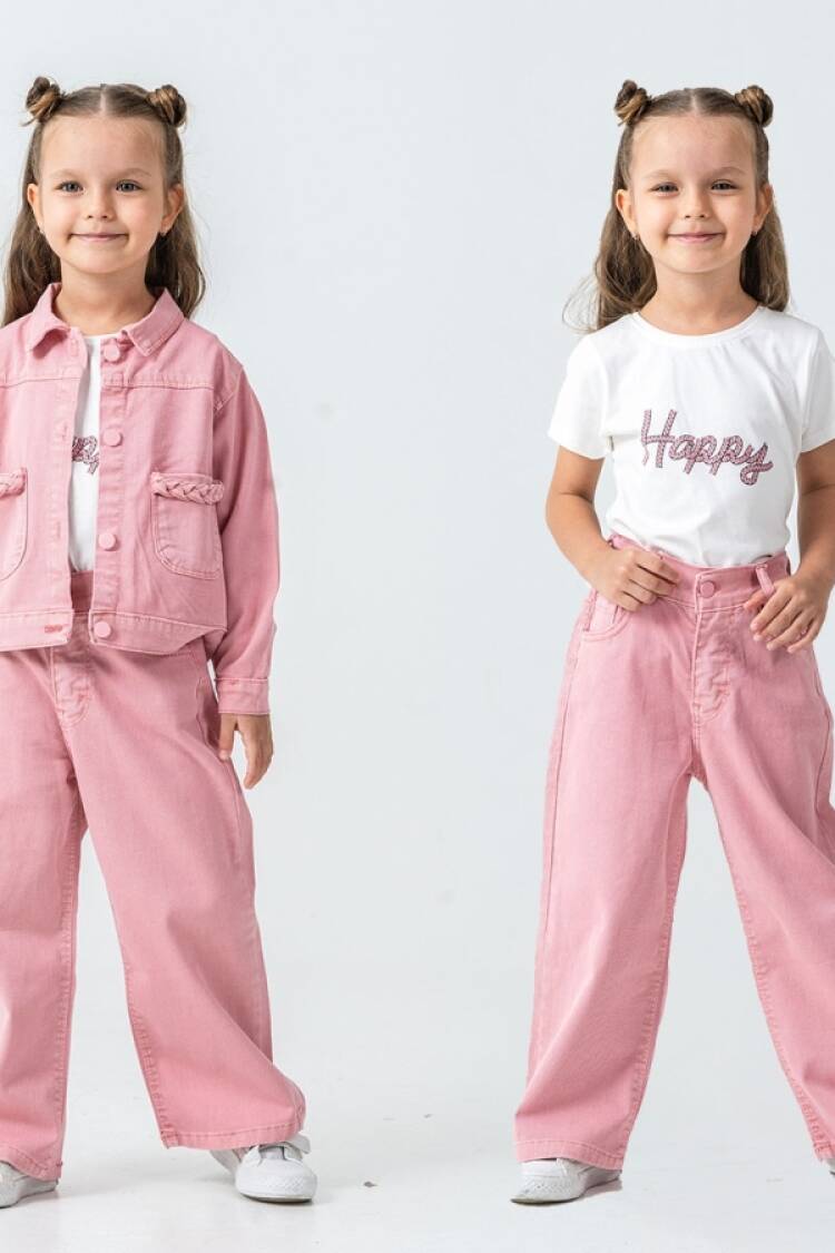 Girls' Suits - B1 - Happy Baskılı Düğmeli Keten Kız Takım - Brand: PAMPAL KİDS - Women & Kids, Baby Clothes Wholesale - Globality Store