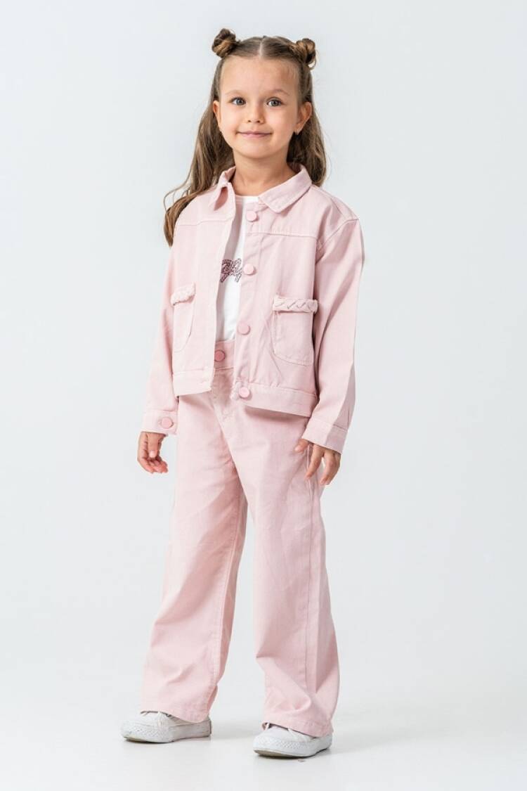 Girls' Suits - B1 - Happy Baskılı Düğmeli Keten Kız Takım - Brand: PAMPAL KİDS - Women & Kids, Baby Clothes Wholesale - Globality Store