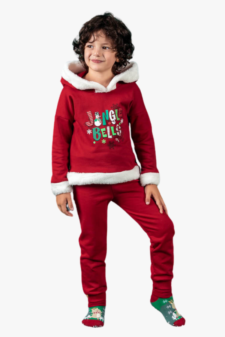 Boys' Sets - B1 - Jingle Bells Baskılı Erkek Kapşonlu Noel Yılbaşı Takım Şardonlu 2 İp - Brand: SNOOP KİDS - Women & Kids, Baby Clothes Wholesale - Globality Store