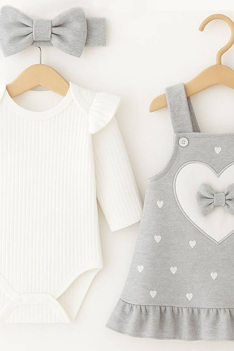 Baby Rompers and Overalls - B1 - Kalp Desenli İkili Jile set - Brand: CAYZEN - Women & Kids, Baby Clothes Wholesale - Globality Store