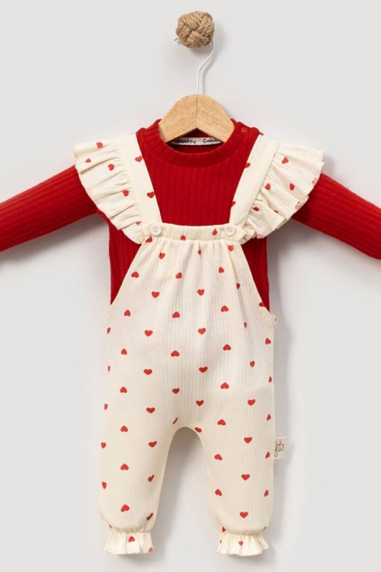 Baby Rompers and Overalls - B1 - Kalp Desenli İkili Salopet Set - Brand: CAYZEN - Women & Kids, Baby Clothes Wholesale - Globality Store