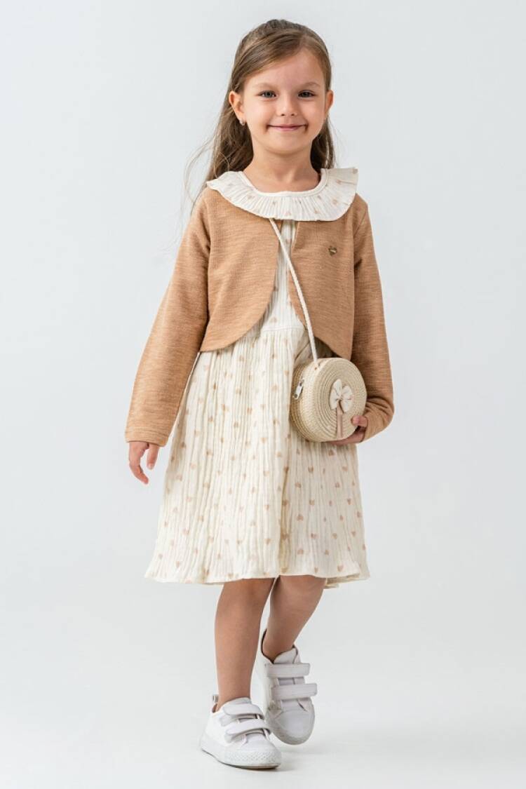 Girl's Dress - B1 - Kalp Desenli Yakalı Çantalı Bolerolu Elbise - Brand: PAMPAL KİDS - Women & Kids, Baby Clothes Wholesale - Globality Store