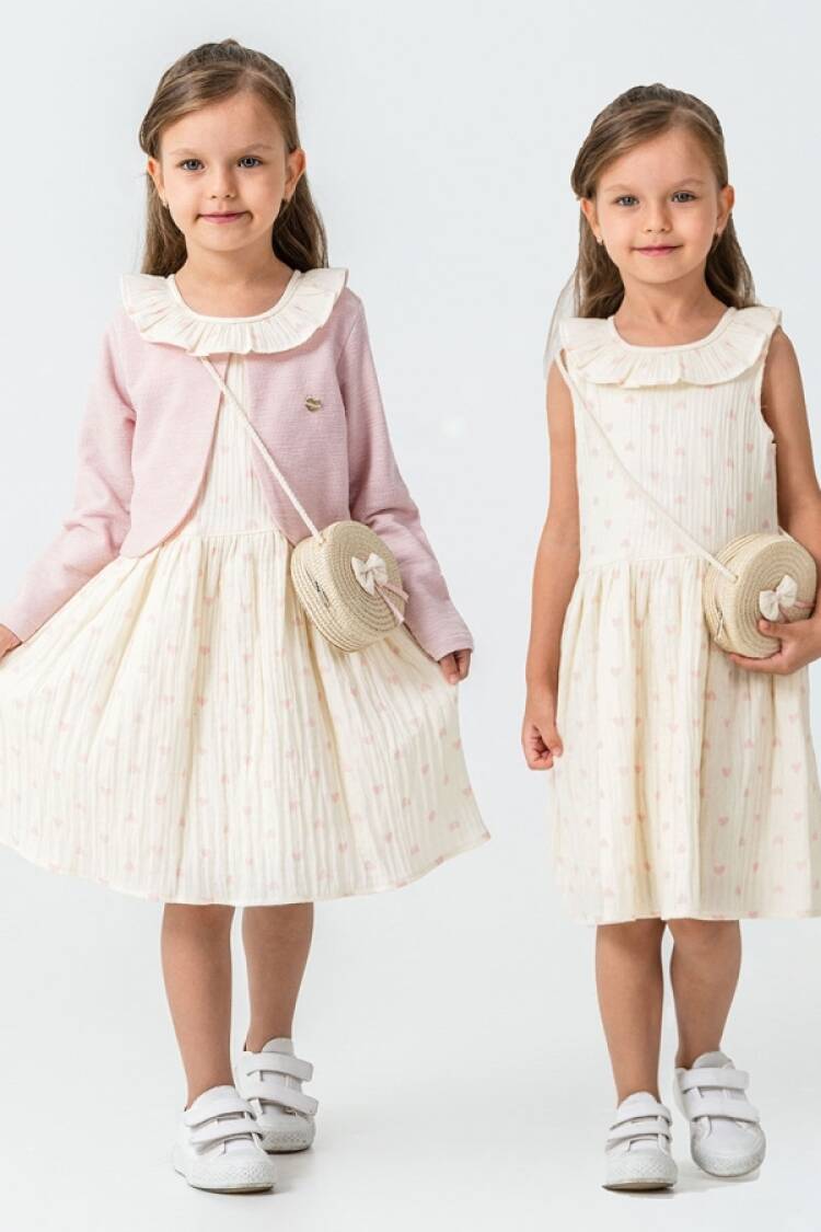 Girl's Dress - B1 - Kalp Desenli Yakalı Çantalı Bolerolu Elbise - Brand: PAMPAL KİDS - Women & Kids, Baby Clothes Wholesale - Globality Store