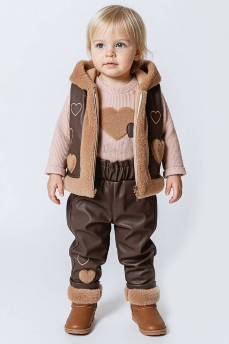 Baby Sets - B1 - Kalp Nakışlı Peluş Yelekli Üçlü Kız Bebe Takım - Brand: HİPPIL - Women & Kids, Baby Clothes Wholesale - Globality Store